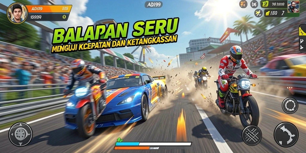 Screenshot utama ADI99 menampilkan aksi balapan mendebarkan dengan mobil kencang.