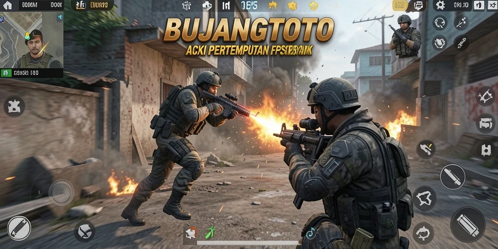 Screenshot gameplay BUJANGTOTO yang menunjukkan aksi tembak-menembak yang intens.