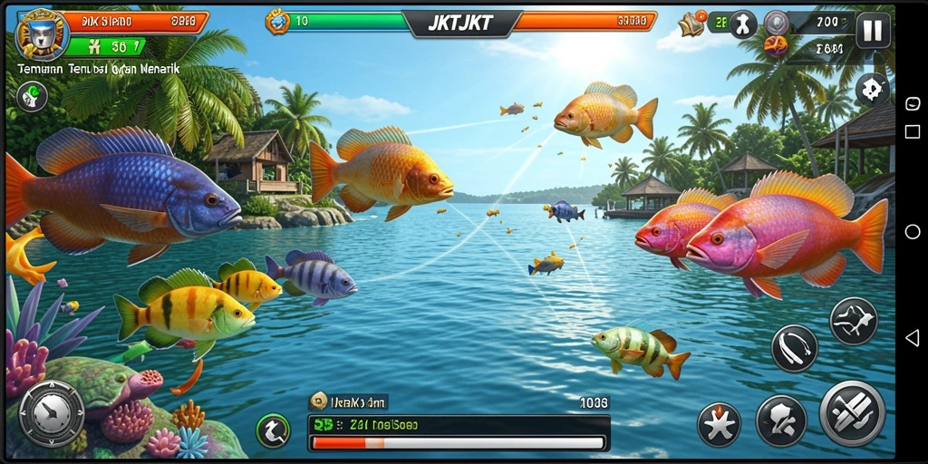 Screenshot gameplay JKTJKT menampilkan aksi seru menembak ikan.