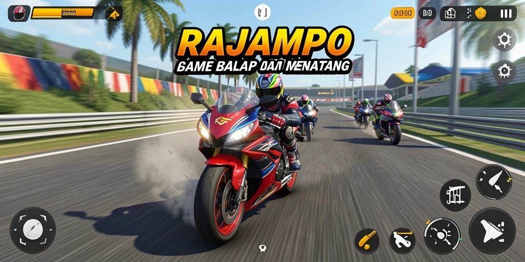 Tampilan gameplay seru dalam RAJAMPO dengan balapan motor yang mendebarkan.