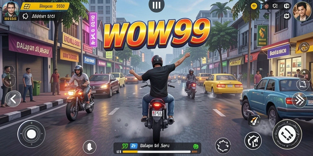 Screenshot utama WOW99 menampilkan aksi balapan yang mendebarkan dan mobil yang cepat.